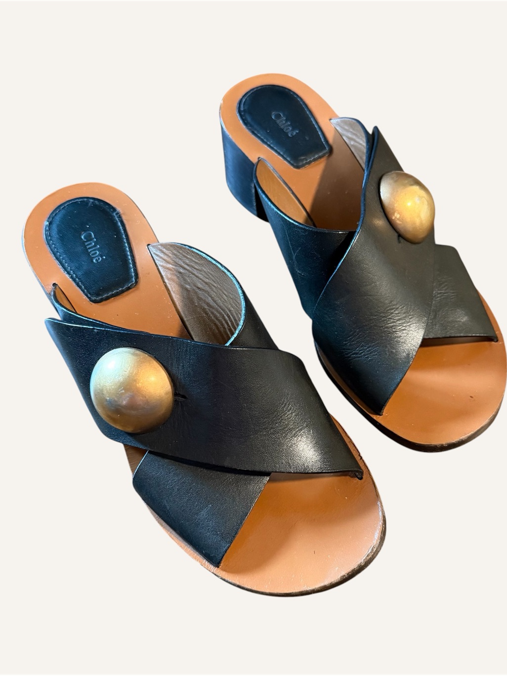 Chlo Black Leather Block Heel Sandals With Gold Button Detail